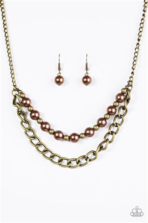 Paparazzi Vintage Vault Glam And Grind Brown Necklace And Earring Set