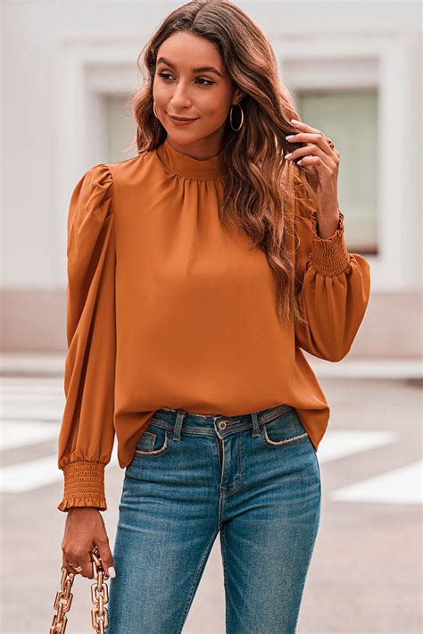 9 9 Orange Long Bubble Sleeve Mock Neck Chiffon Blouse Ds Dear