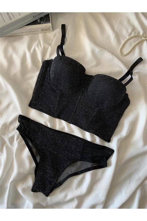 ROZENİN LINGERIE Siyah Taşlı Korseli Destekli Büstiyer Sütyen Takımı Fiyatı Yorumları Trendyol
