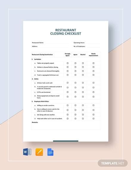 Free 25 Sample Restaurant Checklist Templates In Excel Pdf Ms Word