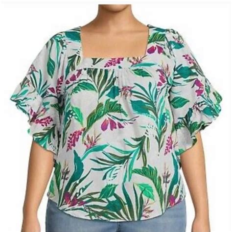 Terra And Sky Tops Terra Sky Floral And Fronds Square Neck Ruffle