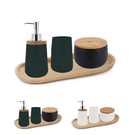 Kit Conjunto Banheiro Lavabo 4 Peças Bandeja Oval de Bambu