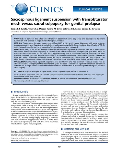 Pdf Sacrospinous Ligament Suspension With Transobturator Mesh Versus