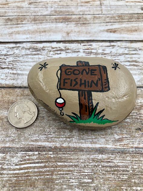 Gone Fishing Painted Rock Paperweight Rock Painting Designs Painted