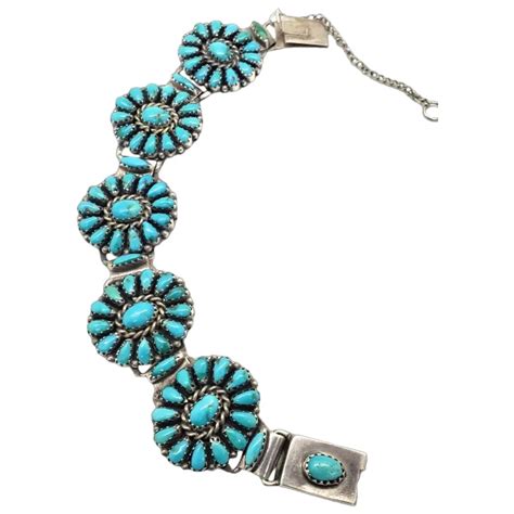 Unique Native American Zuni 925 Sterling Silver Turquoise Petit Point