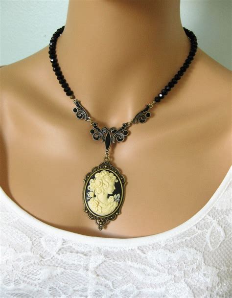 Large Black And Ivory Victorian Lady Cameo Necklace On Black Etsy