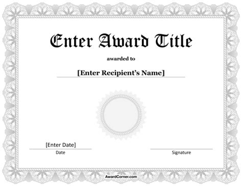 Silver Award Seal Certificate Template for Microsoft Word