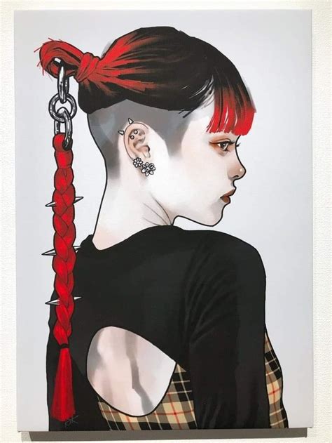 A Drawing Of A Woman With Red Hair And Piercings On Her Ears Wearing A