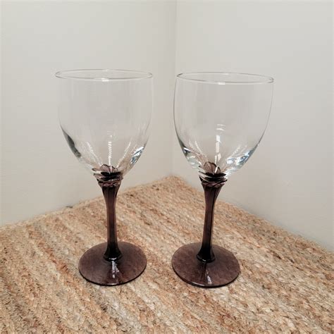 Vintage Set Of 2 Libbey Domaine Purple Stemmed Wine Glasseswater Goblets Elegant Art Deco