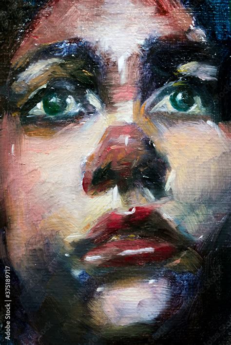 ภาพประกอบสตอก abstract oil painting of a girl front face with big blue