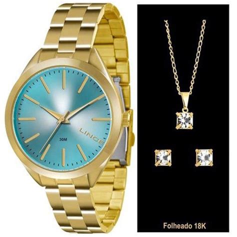 Relogio Lince Feminino Dourado Kit Brincos Corrente Lrg L Submarino