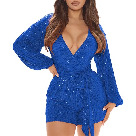 Jumpsuits For Women Nightclub Sequin Long Sleeve V Neck Slim Fit Sexy