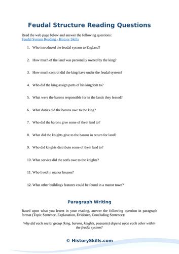 Medieval Feudal System Reading Questions Worksheet Teaching Resources