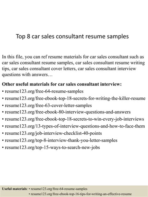 Top 8 Car Sales Consultant Resume Samples Pdf Free Download