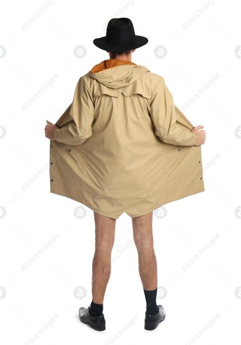 Exhibitionist Exposing Naked Body Under Coat Isolated On White Back