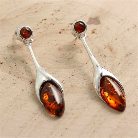 Sterling Silver Baltic Amber Tulip Bud Drop Earrings