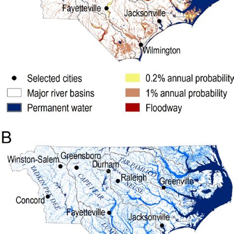 Flood hazard zones mapped by the state of North Carolina (A) and ...