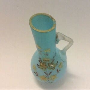 Vintage Blue Frosted Glass Vase Hand Painted With Clear Frosted Handle