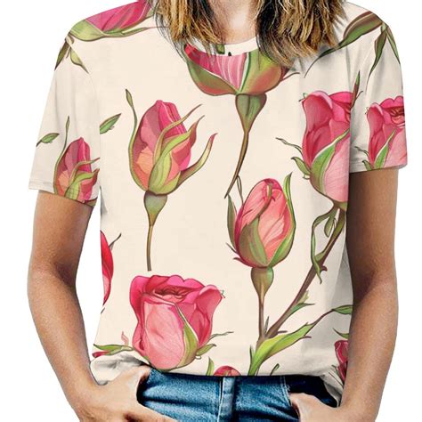 Dnagsbbsn Rose Buds Full Print Graphic T Shirts Short Sleeve Crew