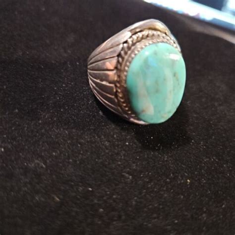 Signed Turquoise Navajo Sterling Silver Old Pawn Ring Gem