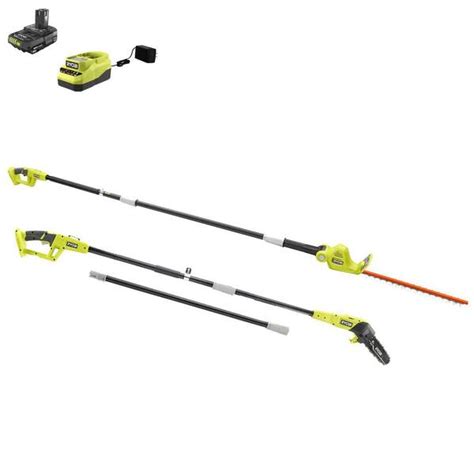 Ryobi One 18v 8 In Cordless Oil Free Pole Saw And Cordless Battery Pole Hedge Trimmer With 2 0