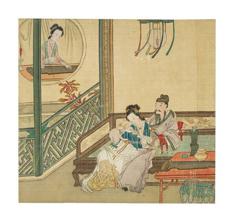 Anonymous Qing Dynasty Two Albums Of Erotic Paintings 佚名（清） 《秘戲圖》 設色絹本 十二開冊裱於手卷 及 設色絹本 十四開冊