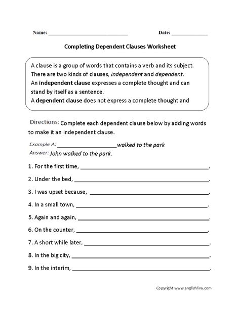 Dependent And Independent Sentences Worksheet