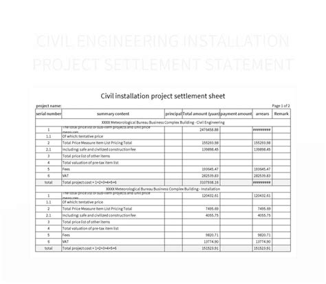 Civil Engineering Installation Project Settlement Statement Excel