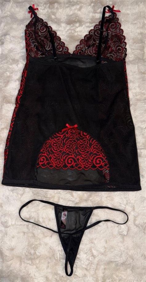 DREAMGIRL Womens Lingerie Pc Lace Peek A Boo Babydoll W Panty Sz L