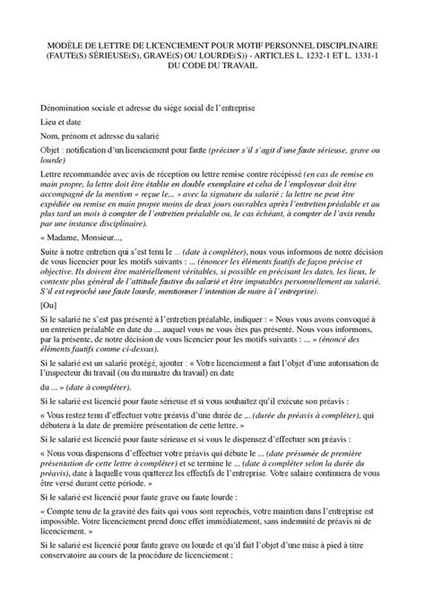 Modè Le De Lettre De Licenciement Motif Personnel Disciplinaire Doc