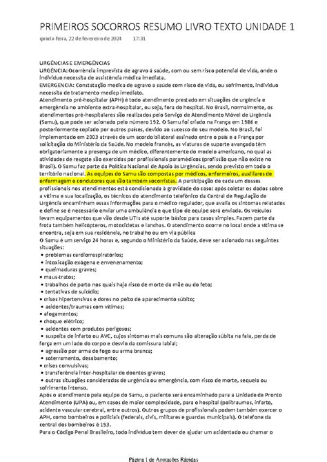 Primeiros Socorros Resumo Livro Texto Unidade Urg Ncias E