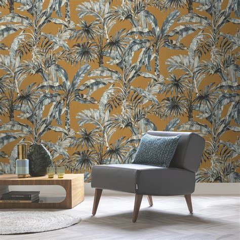 Rasch Banana Palm Leaves Wallpaper Blue Brown 485264