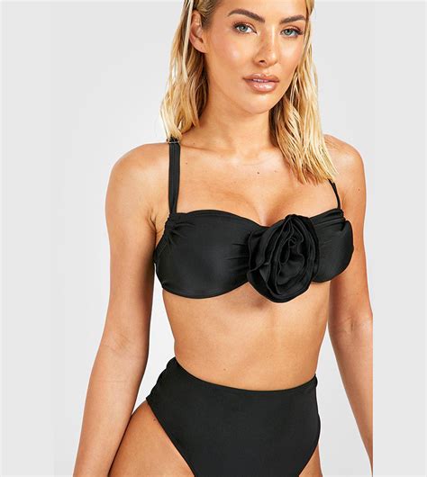 Buy Boohoo Rose Corsage Strappy Padded Bikini Set In Black Thstreet