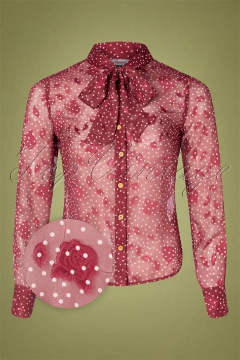 Banned Retro 50s Rose Pussy Bow Blouse In Burgundy Shop At Topvintage