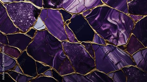 Purple marble and agate mosaic with golden veins, Japanese kintsugi ...