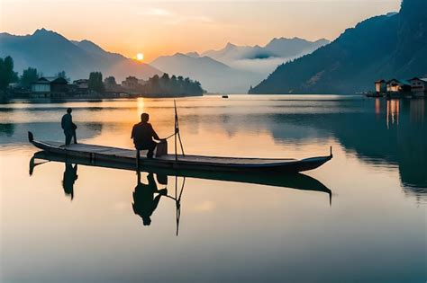 Um Homem Est Sentado Em Um Barco Em Frente A Uma Montanha O Sol Se