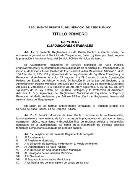 Pdf Reglamento Municipal Del Servicio P Blico De Aseo O Bien Que