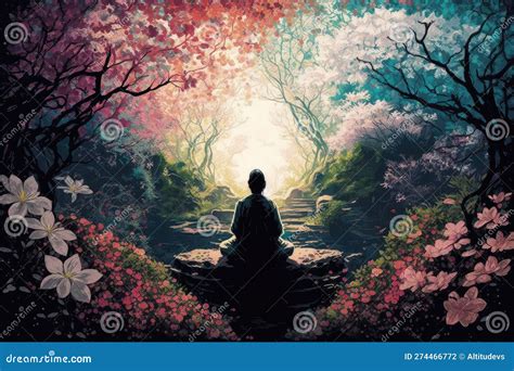 Person Meditating In Quiet Garden Surrounded By Blooming Flowers Stock