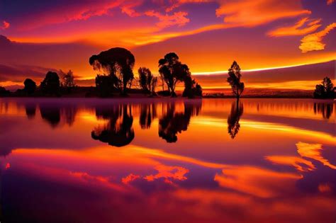 Premium AI Image | Sunset on the lake. Colorful Sky