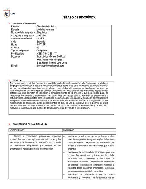 Sílabo de Bioquímica SÍLABO DE BIOQUÍMICA 1