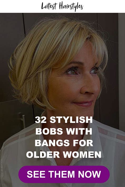 Picture Of An Older Woman With A Short Bob And Bangs Medium Bob With