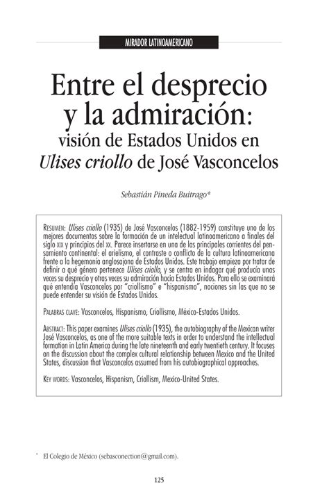 Pdf Entre El Desprecio Y La Admiración Visión De Estados Unidos En Ulises Criollo De José