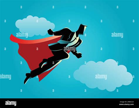 Business Concept Illustration Of Super Businessman Flying On Clouds