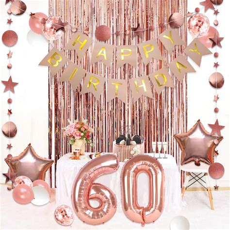 60th Birthday Decorations For Women Happy Birthday Banner Cake Topper Rose Gold Curtain Happy