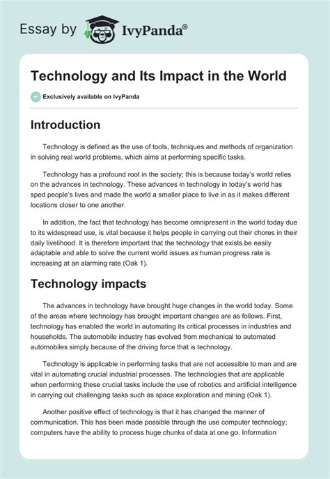 Technology And Its Impact In The World Words Essay Example