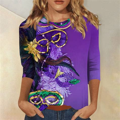 Kddylitq Womens 2024 Mardi Gras Shirts Crew Neck Holiday Party Mask