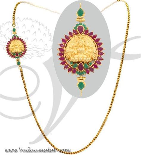 Traditional India Long Chain Lakshmi Design Mugappu With Ruby Emerald