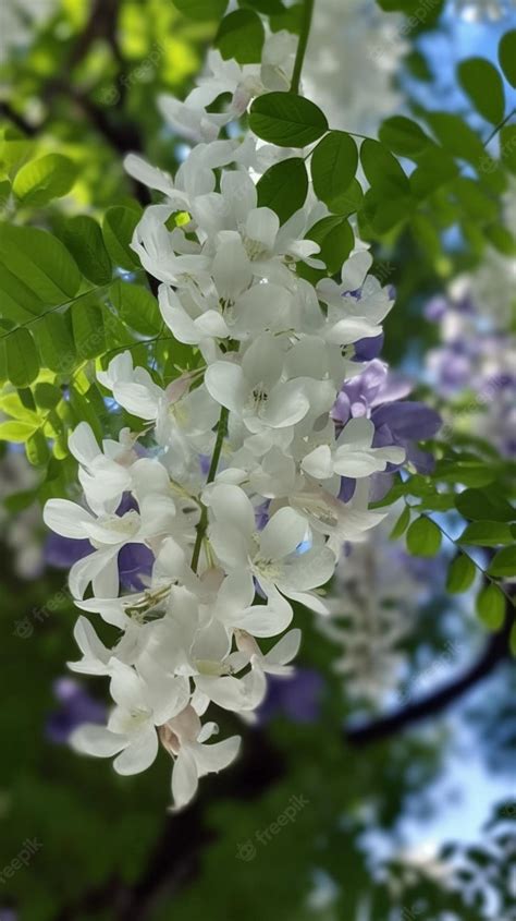 Premium Photo | A white wisteria tree with purple flowers