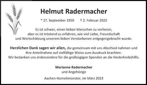 Traueranzeigen Von Helmut Radermacher Aachen Gedenkt