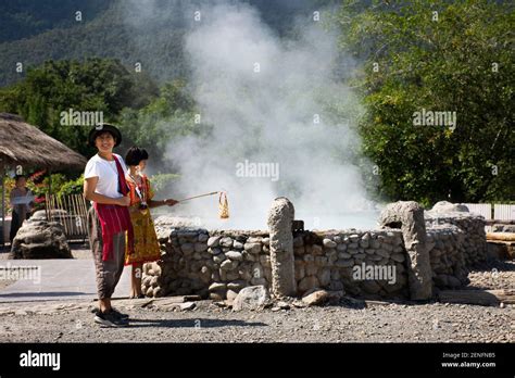 Travelers Thai Women People Travel Visit And Cooking Boiling Eggs In Pool Mineral Hot Water Of